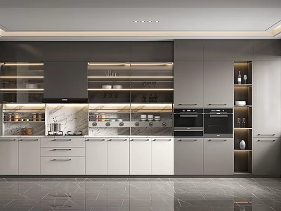 Modern Kitchen Interior With White Gray Cabinets Marble Countertop And Built In Ovens 3d model