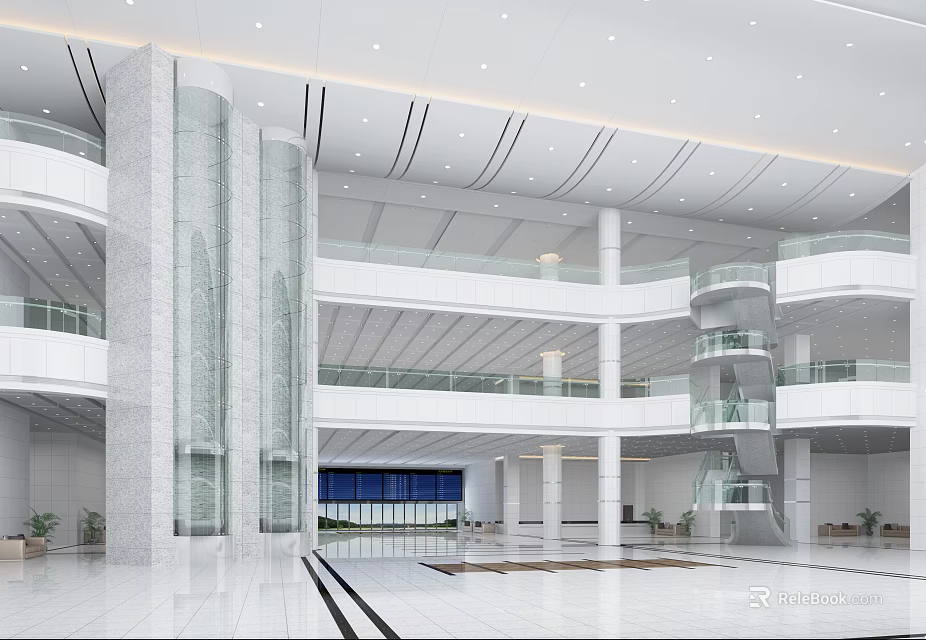 Modern Multi Level Lobby Front Desk Reception With Marble Columns Glass Railings And Spacious Interior 3d model