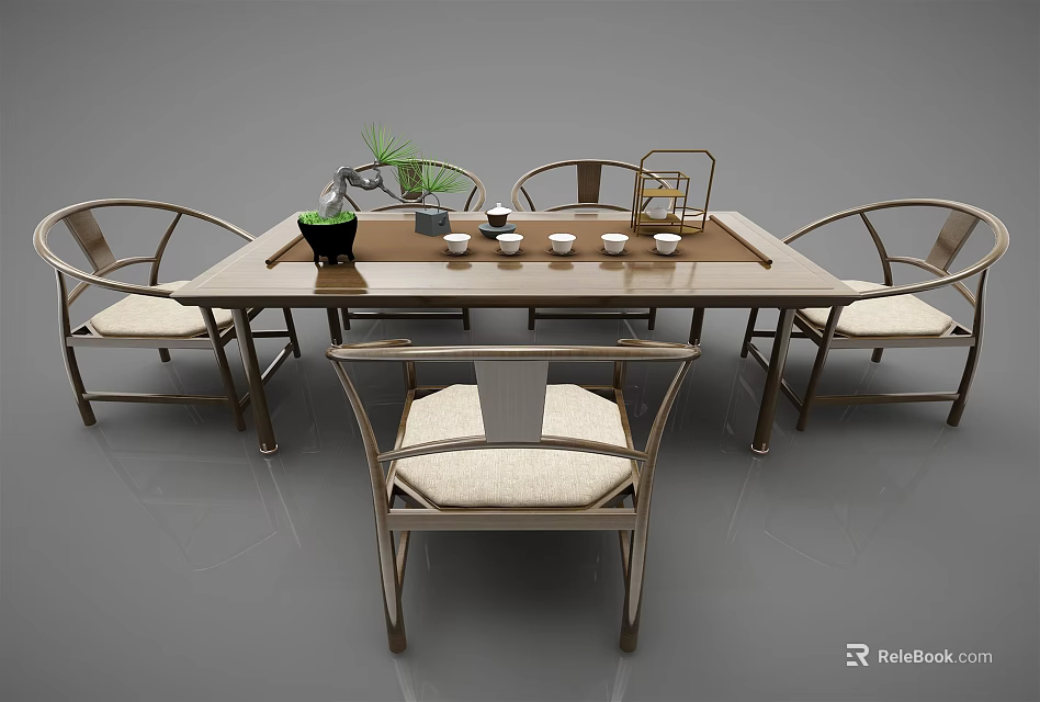 Traditional Chinese Tea Table and Chairs with Curved Back Design Wooden Tabletop and Tea Cups 3d model 