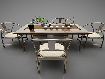 Traditional Chinese Tea Table and Chairs with Curved Back Design Wooden Tabletop and Tea Cups 3d model