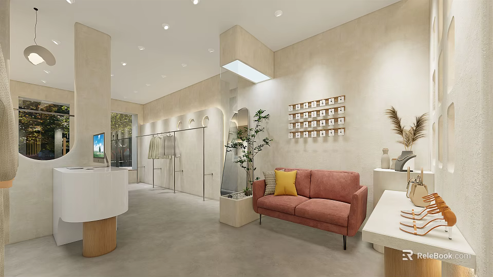 Modern Clothing Store Interior With Display Racks Red Sofa And Photo Wall Decor 3d model 