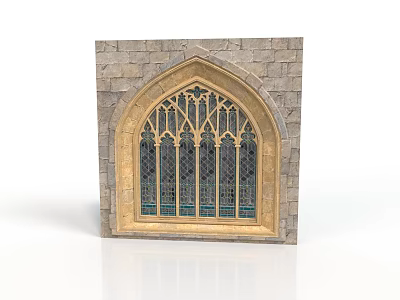 Gothic Stone Building With Stained Glass Window And Ornate Arch Design Details 3d model