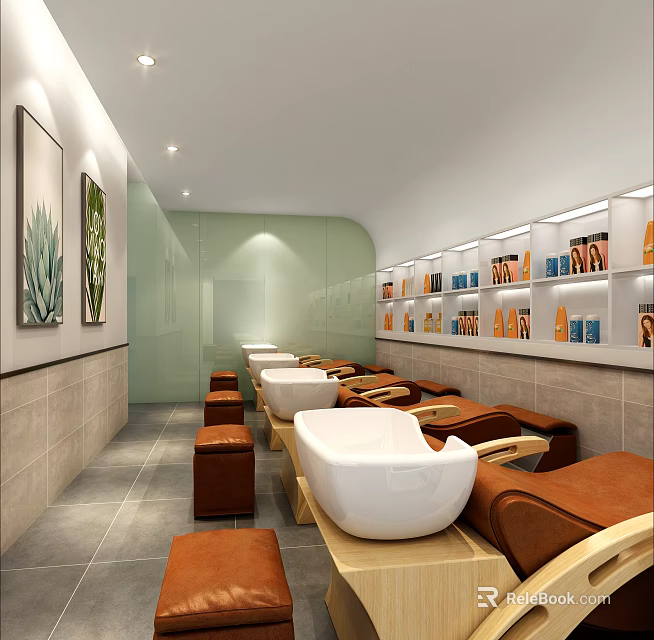 Modern Hair Salon Interior With White Shampoo Bowls Brown Chairs Product Shelves And Decorative Paintings 3d model 
