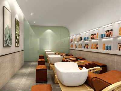 Modern Hair Salon Interior With White Shampoo Bowls Brown Chairs Product Shelves And Decorative Paintings 3d model