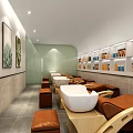 Modern Hair Salon Interior With White Shampoo Bowls Brown Chairs Product Shelves And Decorative Paintings