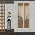 Chinese Style Entryway With Round Lamp Ink Paintings And Wooden Screen