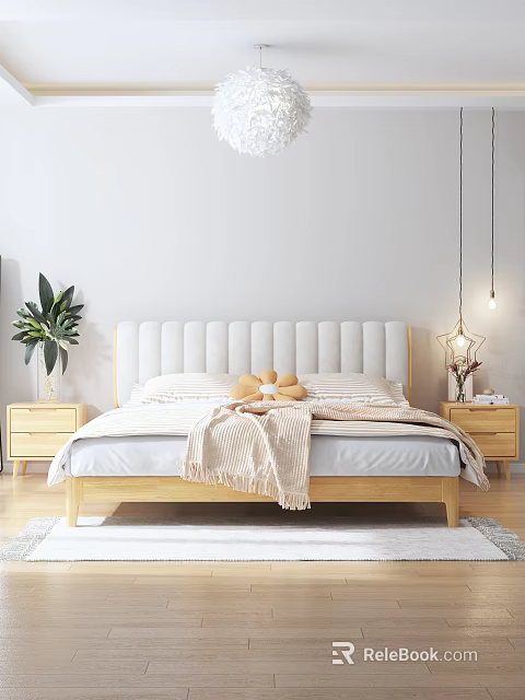 Modern Double Bed With White Upholstered Headboard Wooden Frame Nightstands Green Plant And Star Lamp 3d model 