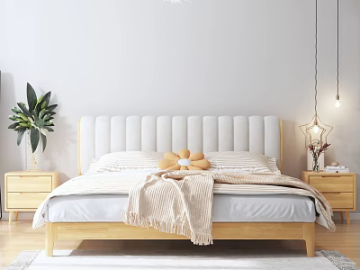 Modern Double Bed With White Upholstered Headboard Wooden Frame Nightstands Green Plant And Star Lamp 3d model
