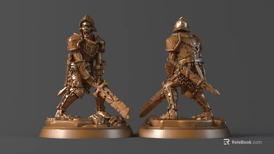Detailed Bronze Knight Sculpture With Armor Sword And Base Front Back Views 3d model 
