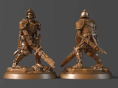 Detailed Bronze Knight Sculpture With Armor Sword And Base Front Back Views 3d model
