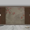 Chinese Traditional Interior Featuring Floral Bird Mountain Wall Art Wooden Lattice And Wall Lamps