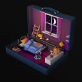 Cartoon Scene Inside Open Blue Suitcase With Pink Floor Bed Window Moon And Stars