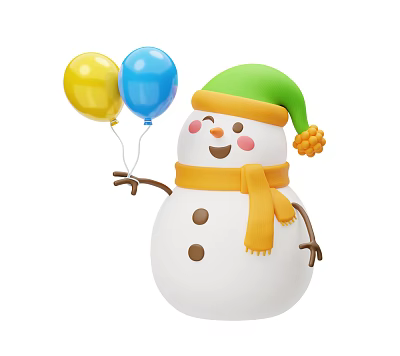 Cute Smiling Snowman Holding Yellow Blue Balloons With Green Hat Orange Scarf 3d model