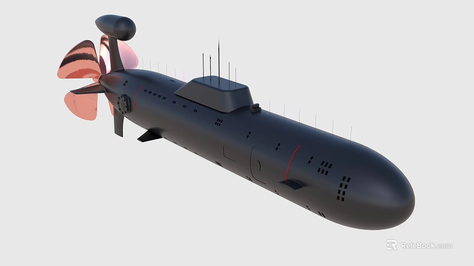 Detailed 3D Submarine Model With Black Exterior Multiple Antennas And Propeller 3d model 