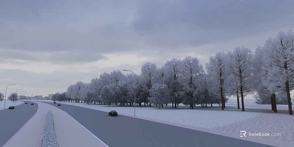Road Facilities Along Snow Covered Street With Street Lamps And Parked Car Under Overcast Sky 3d model 