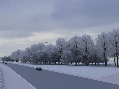 Road Facilities Along Snow Covered Street With Street Lamps And Parked Car Under Overcast Sky 3d model