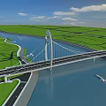 Modern Cable Stayed Bridge Structure Spanning Water With Green Grass And Blue Sky Reflection