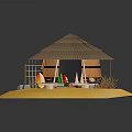 Cartoon African Thatched Hut Scene With Colorful Fabrics Clay Pots Dry Grass and Yellow Sand