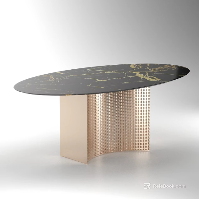 Oval Shaped Coffee Table With Black Marble Tabletop And Rose Gold Perforated Base 3d model