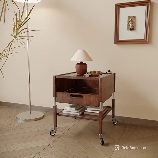 Wooden Side Table With Wheels Lamp Books And Plant In Cozy Modern Room 3d model 
