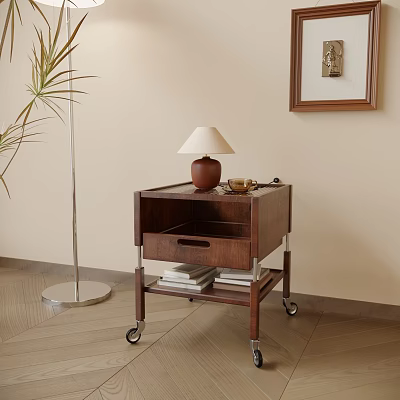 Wooden Side Table With Wheels Lamp Books And Plant In Cozy Modern Room 3d model