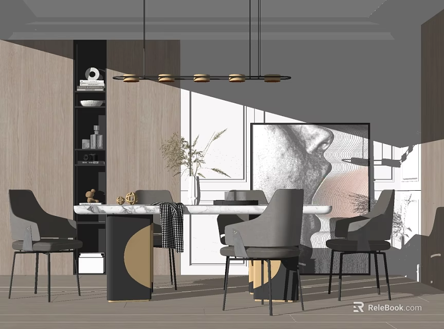Modern Dining Table Set With Grey Chairs Pendant Lights And Decorative Painting 3d model 