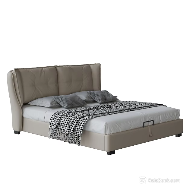 Modern Upholstered Double Bed With Leather Headboard Checkered Throw Pillows And Neutral Frame 3d model