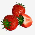 Three Fresh Ripe Strawberries With One Halved Showing Juicy Red Flesh And Green Leaves