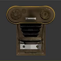 Vintage Folding Camera Equipment With Brass Body Yellow Trim Intricate Carved Patterns And Blue Lens