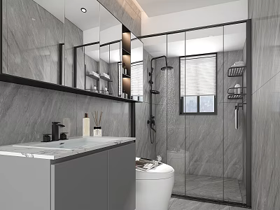 Modern Minimalist Grey Marble Bathroom With Black Framed Glass Shower Enclosure And Smart Toilet 3d model