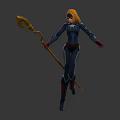 Female Action Figures With Blonde Hair Blue Suit Red Accessories Golden Staff Front Back Views