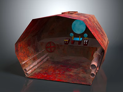 Shop Front Desk with Rustic Red Metal Frame Blue Circular Decor Chairs and Metal Pipes 3d model