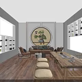 Modern Display Space Interior with White Shelves Wooden Tables and Square Pendant Lights