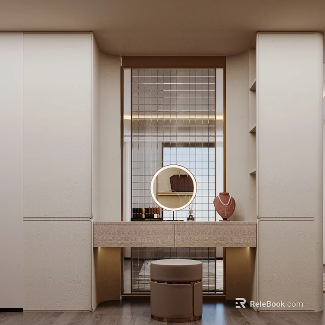 Modern Dressing Table With Circular Mirror Marble Top Grid Backdrop And Decorative Items 3d model