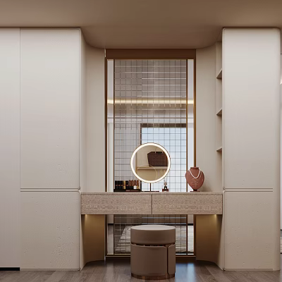 Modern Dressing Table With Circular Mirror Marble Top Grid Backdrop And Decorative Items 3d model