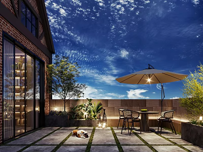 Outdoor Terrace With Brick Building Glass Doors Table Chairs Umbrella Plants And Lighting 3d model