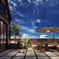 Outdoor Terrace With Brick Building Glass Doors Table Chairs Umbrella Plants And Lighting
