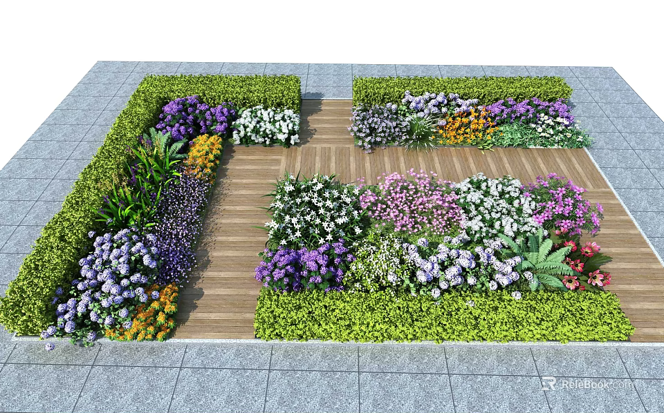 Vibrant Flowers And Diverse Plants In Garden With Wooden Pathway Layout 3d model 