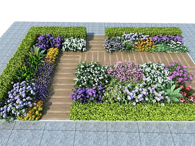Vibrant Flowers And Diverse Plants In Garden With Wooden Pathway Layout 3d model