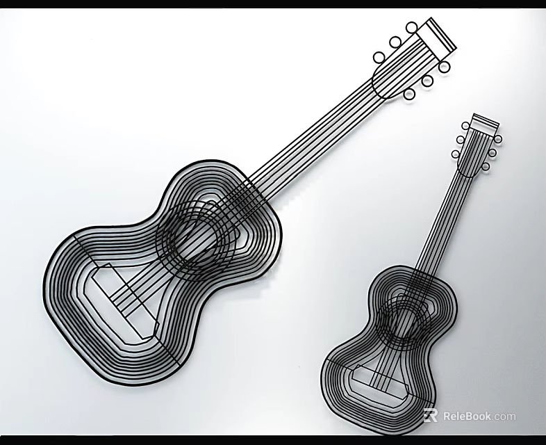 Modern Black and White Guitar Shaped Wall Decor with Linear Art Design 3d model
