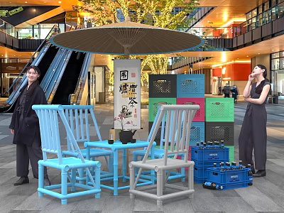 Relaxing Outdoor Interactive Zone With Blue Gray Chairs Table Umbrella Tree And Colorful Crates 3d model