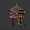 Traditional Chinese Architecture With Red Multi Layered Roof Red Pillars Green Shrubs And Gray Pavement