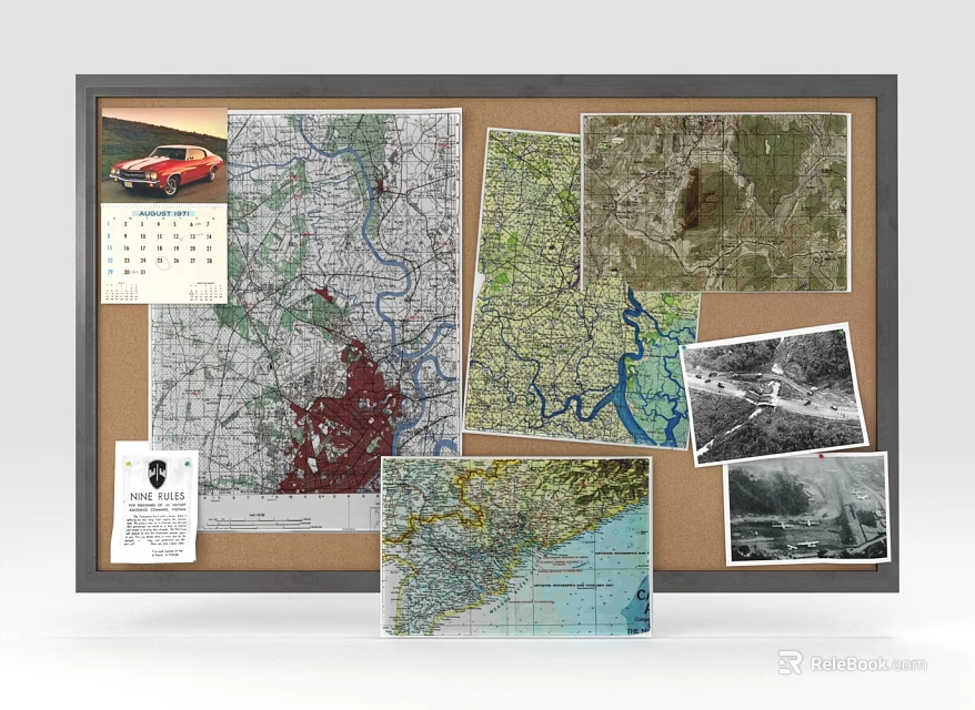 Home Office Corkboard Display With Maps Calendar Photos And ID Card Items 3d model 