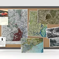 Home Office Corkboard Display With Maps Calendar Photos And ID Card Items