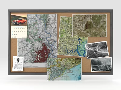 Home Office Corkboard Display With Maps Calendar Photos And ID Card Items 3d model