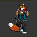 Fox Character In Orange And Blue Outfit Squatting With Hand On Mouth And Fluffy Tail
