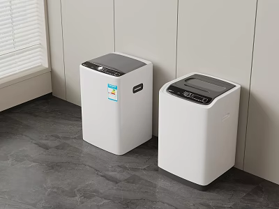 Two Modern White Washing Machines In Laundry Room With Gray Floor And White Walls 3d model