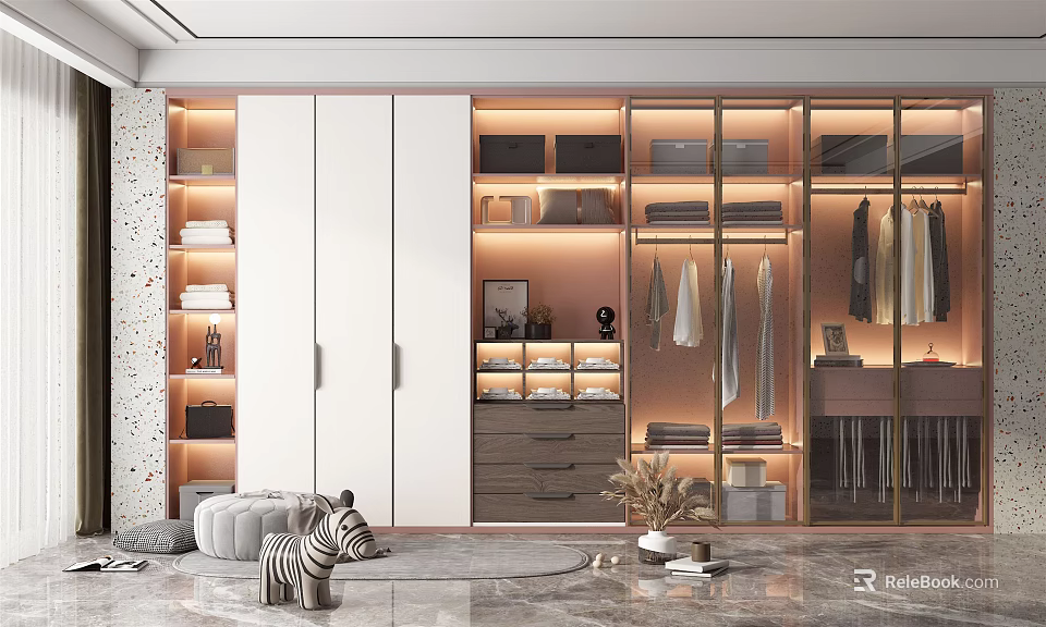 Modern Wardrobe with White Doors Glass Panels Built-in Shelves and Hanging Space 3d model 