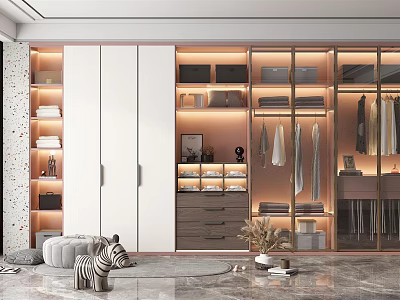 Modern Wardrobe with White Doors Glass Panels Built-in Shelves and Hanging Space 3d model