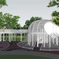 Outdoor Kids Playground Featuring White Wire Mesh Structure Slide Spherical Equipment And Trees